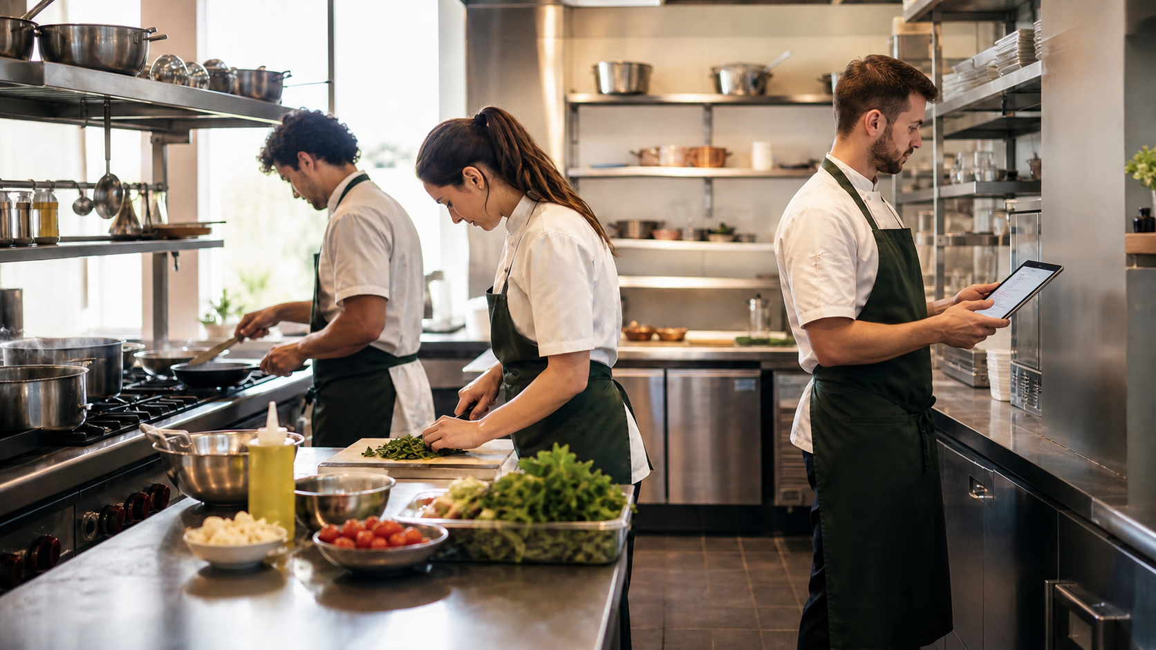 Team di cucina al lavoro con tablet e compiti organizzati